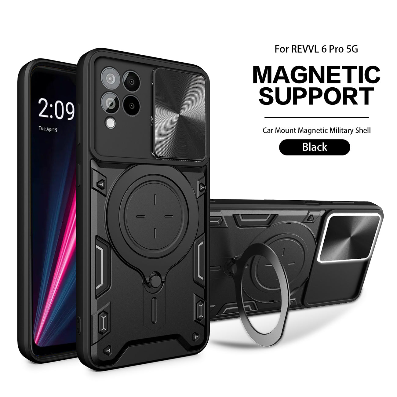 TPU PC Shockproof Magnetic Phone Case with Free Adjustment Ring Holder for REVVL 6 PRO 5G in Black